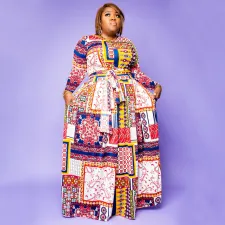Plus Size Printed Long Sleeve Sashes Maxi Dress NNWF-7314