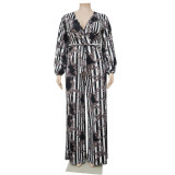 Plus Size Printed V Neck Sashes Long Sleeve Jumpsuit NNWF-7340