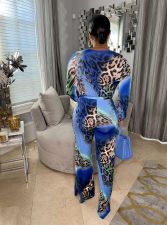 Sexy Leopard Print V Neck Long Sleeve Sashes Jumpsuit JRF-3656