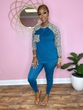 Plus Size Leopard Patchwork Long Sleeve 2 Piece Pants Set YIM-220
