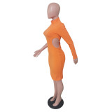 Sexy Solid Turtlenck Long Sleeve Split Midi Dress BS-1288