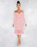 Sexy Lace Off Shoulder Long Sleeve Mermaid Midi Dress ME-W932