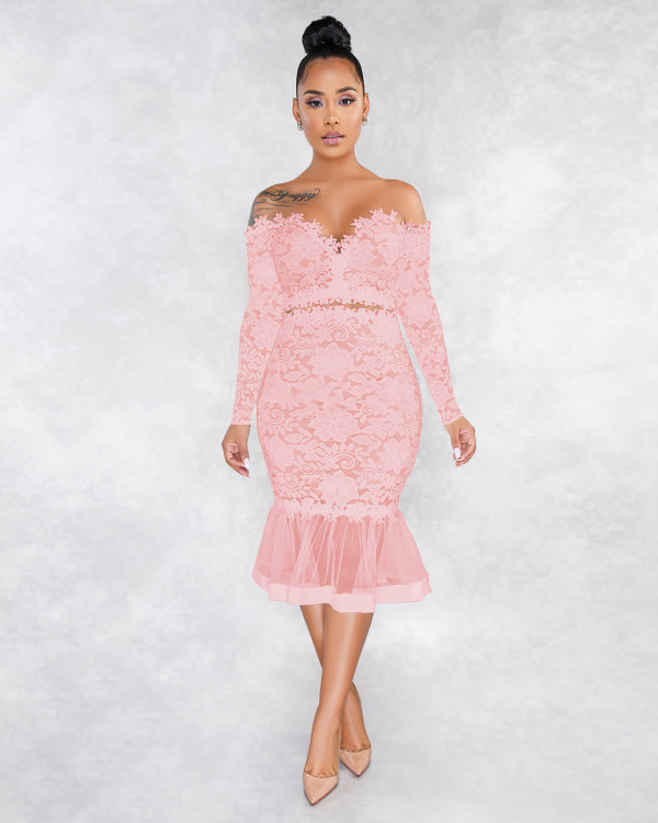 Sexy Lace Off Shoulder Long Sleeve Mermaid Midi Dress ME-W932