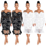 Sexy Lace Mesh Off Shoulder Long Sleeve Mermaid Midi Dress ME-W925