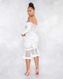 Sexy Lace Mesh Off Shoulder Long Sleeve Mermaid Midi Dress ME-W925
