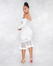 Sexy Lace Mesh Off Shoulder Long Sleeve Mermaid Midi Dress ME-W925