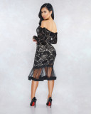 Sexy Lace Mesh Off Shoulder Long Sleeve Mermaid Midi Dress ME-W925