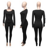 Solid Ribbed Long Sleeve Zipper Two Piece Pants Set ME-Y939
