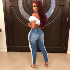Plus Size Denim Ripped Hole Tassel Skinny Jeans Pants SH-S3658