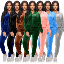 Solid Velvet Hooded Zipper Long Sleeve 2 Piece Sets ME-S950