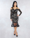 Sexy Lace Mesh Off Shoulder Long Sleeve Mermaid Midi Dress ME-W925