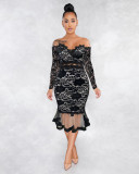 Sexy Lace Mesh Off Shoulder Long Sleeve Mermaid Midi Dress ME-W925