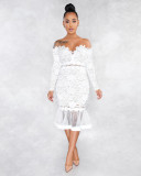 Sexy Lace Mesh Off Shoulder Long Sleeve Mermaid Midi Dress ME-W925