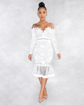 Sexy Lace Mesh Off Shoulder Long Sleeve Mermaid Midi Dress ME-W925