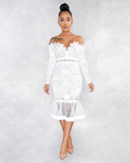 Sexy Lace Mesh Off Shoulder Long Sleeve Mermaid Midi Dress ME-W925