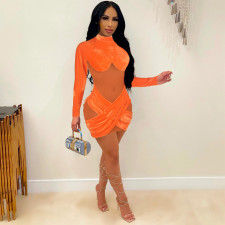 Sexy Velvet Mesh Patchwork Long Sleeve Club Dress MZ-0141
