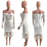 Sexy Lace Mesh Off Shoulder Long Sleeve Mermaid Midi Dress ME-W925