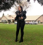 Black PU Leather Ruffle Long Sleeve Zipper Jacket WSM-A5043