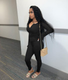 Solid Ribbed Long Sleeve Zipper Two Piece Pants Set ME-Y939