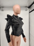 Black PU Leather Ruffle Long Sleeve Zipper Jacket WSM-A5043