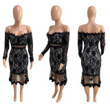 Sexy Lace Mesh Off Shoulder Long Sleeve Mermaid Midi Dress ME-W925