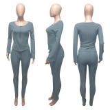 Solid Ribbed Long Sleeve Zipper Two Piece Pants Set ME-Y939