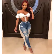 Plus Size Denim Ripped Hole Tassel Skinny Jeans Pants SH-S3658