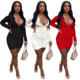 Sexy Solid Ruched Long Sleeve Buttons Slim Mini Dress YNSF-1678