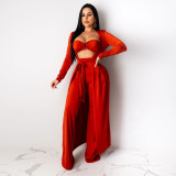 Solid Long Cloak+Tube Top+Pants 3 Piece Sets SH-390215