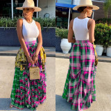 Plus Size Plaid Patchwork Irregular Big Swing Maxi Skirt DAI-0034