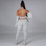 Sexy Backless Halter Lantern Sleeve Split Pants 2 Piece Sets TE-4338