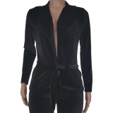Solid Velvet Long Sleeve Coat+Flared Pants 2 Piece Sets TR-1182