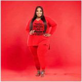 Plus Size Letter Print V Neck Long Sleeve 2 Piece Suits WAF-77279