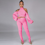 Sexy Backless Halter Lantern Sleeve Split Pants 2 Piece Sets TE-4338