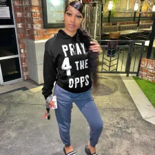 Black Letter Printed Hooded Casual Hoodie Top QZX-6234