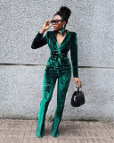 Solid Velvet Long Sleeve Coat+Flared Pants 2 Piece Sets TR-1182