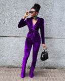 Solid Velvet Long Sleeve Coat+Flared Pants 2 Piece Sets TR-1182
