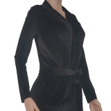Solid Velvet Long Sleeve Coat+Flared Pants 2 Piece Sets TR-1182