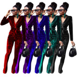 Solid Velvet Long Sleeve Coat+Flared Pants 2 Piece Sets TR-1182