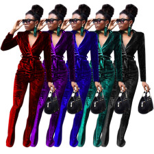 Solid Velvet Long Sleeve Coat+Flared Pants 2 Piece Sets TR-1182
