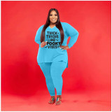 Plus Size Letter Print V Neck Long Sleeve 2 Piece Suits WAF-77279