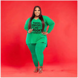 Plus Size Letter Print V Neck Long Sleeve 2 Piece Suits WAF-77279