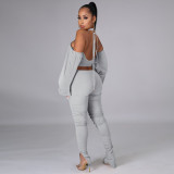 Sexy Backless Halter Lantern Sleeve Split Pants 2 Piece Sets TE-4338