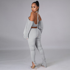 Sexy Backless Halter Lantern Sleeve Split Pants 2 Piece Sets TE-4338
