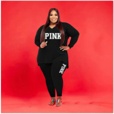 Plus Size Pink Letter Print V Neck Long Sleeve 2 Piece Sets WAF-77281