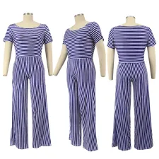 Plus Size 5XL Casual Striped T Shirt Wide Leg Pants Set BMF-011