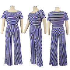 Plus Size 5XL Casual Striped T Shirt Wide Leg Pants Set BMF-011