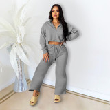 Solid Long Sleeve Zipper Loose Two Piece Pants Set DDF-88128