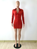 Sexy Solid Ruched Long Sleeve Buttons Slim Mini Dress YNSF-1678