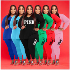 Plus Size Pink Letter Print V Neck Long Sleeve 2 Piece Sets WAF-77281